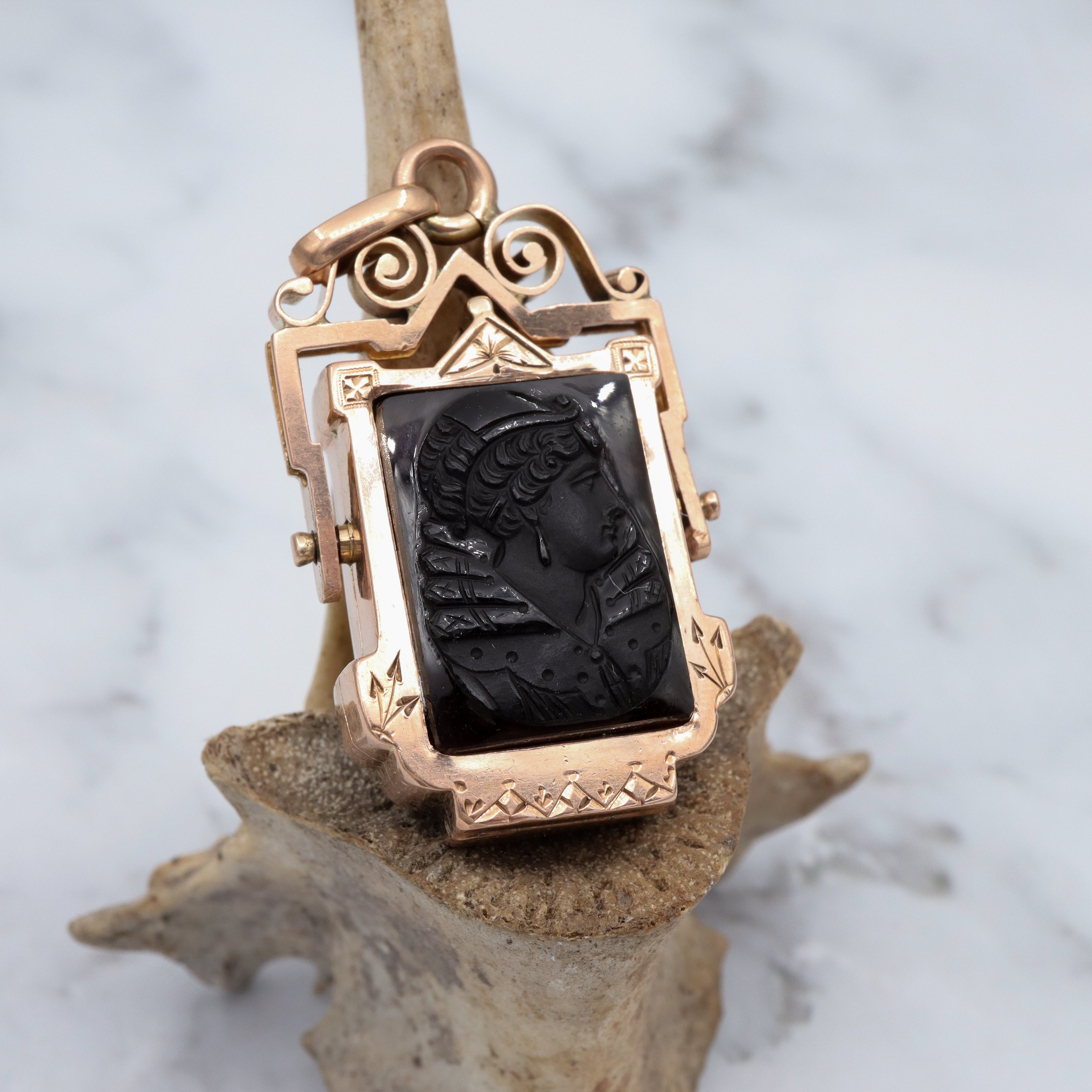 Antique Aesthetic Period 14k gold Queen Victoria hardstone carved cameo double sided flip locket pendant